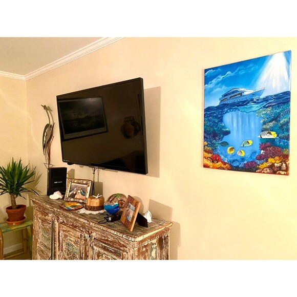 Original Oil Painting 18x24 Seascape Underwater Yachts Marine Life Canvas Art - Picture 2 of 8